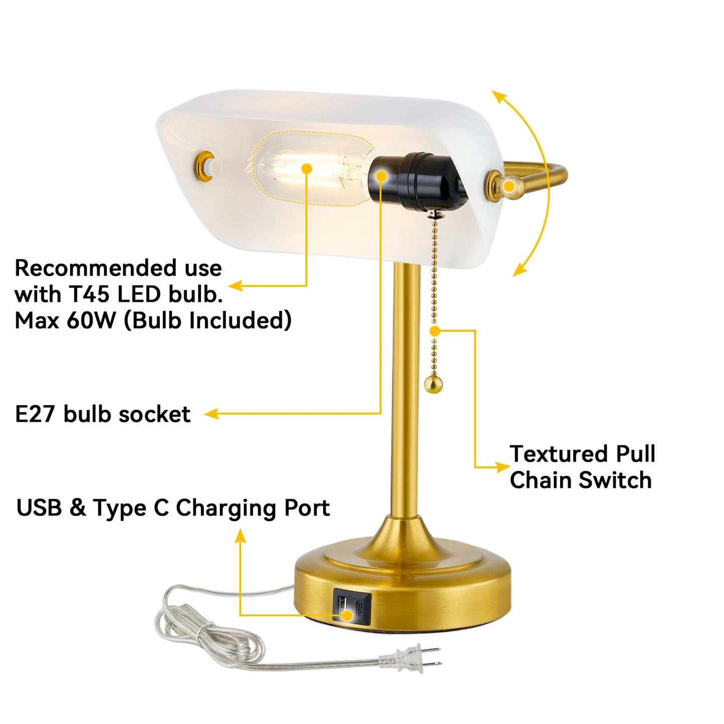 Vintage Bankers Desk Lamp USB Type C Charging Pull Chain Light