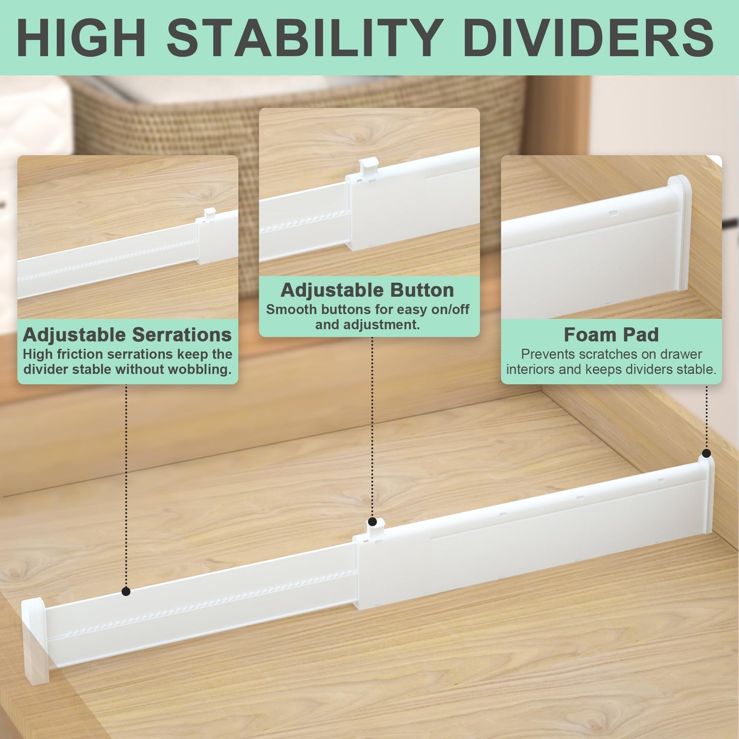 FUNIZE Adjustable Drawer Dividers 8 Pack Expandable White Organisers