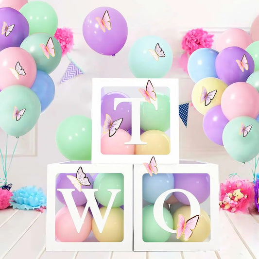 3pcs Balloon Boxes Set “TWO” Pastel Butterflies Girls 2nd Birthday Decoration