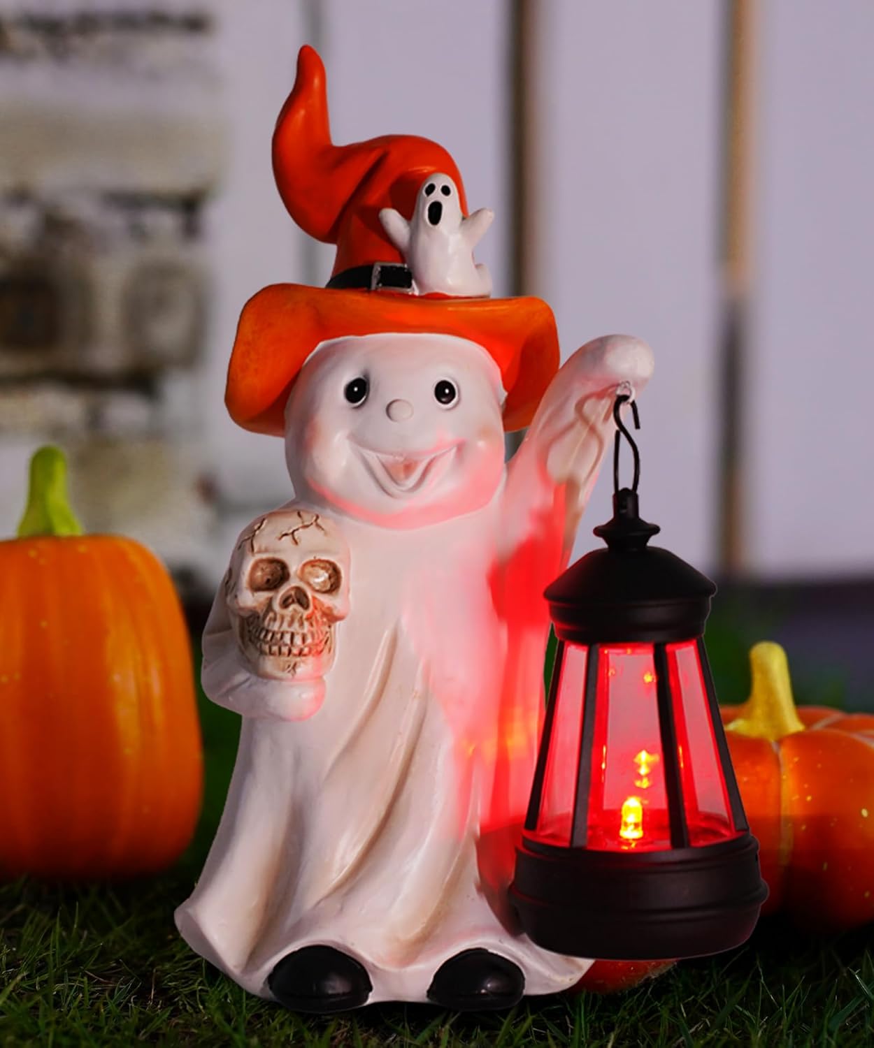 Solar Halloween Ghost Statue with Lantern and Cracked Skull Outdoor Resin LED