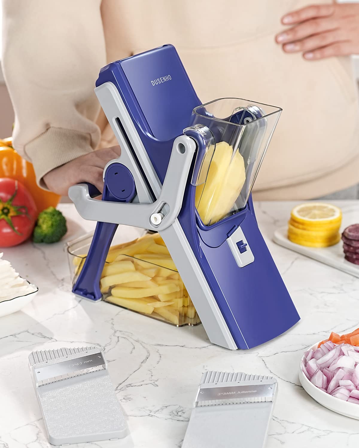 DUSENHO Mandoline Slicer 6 Blades, Safe & Easy to Use Veg Chopper