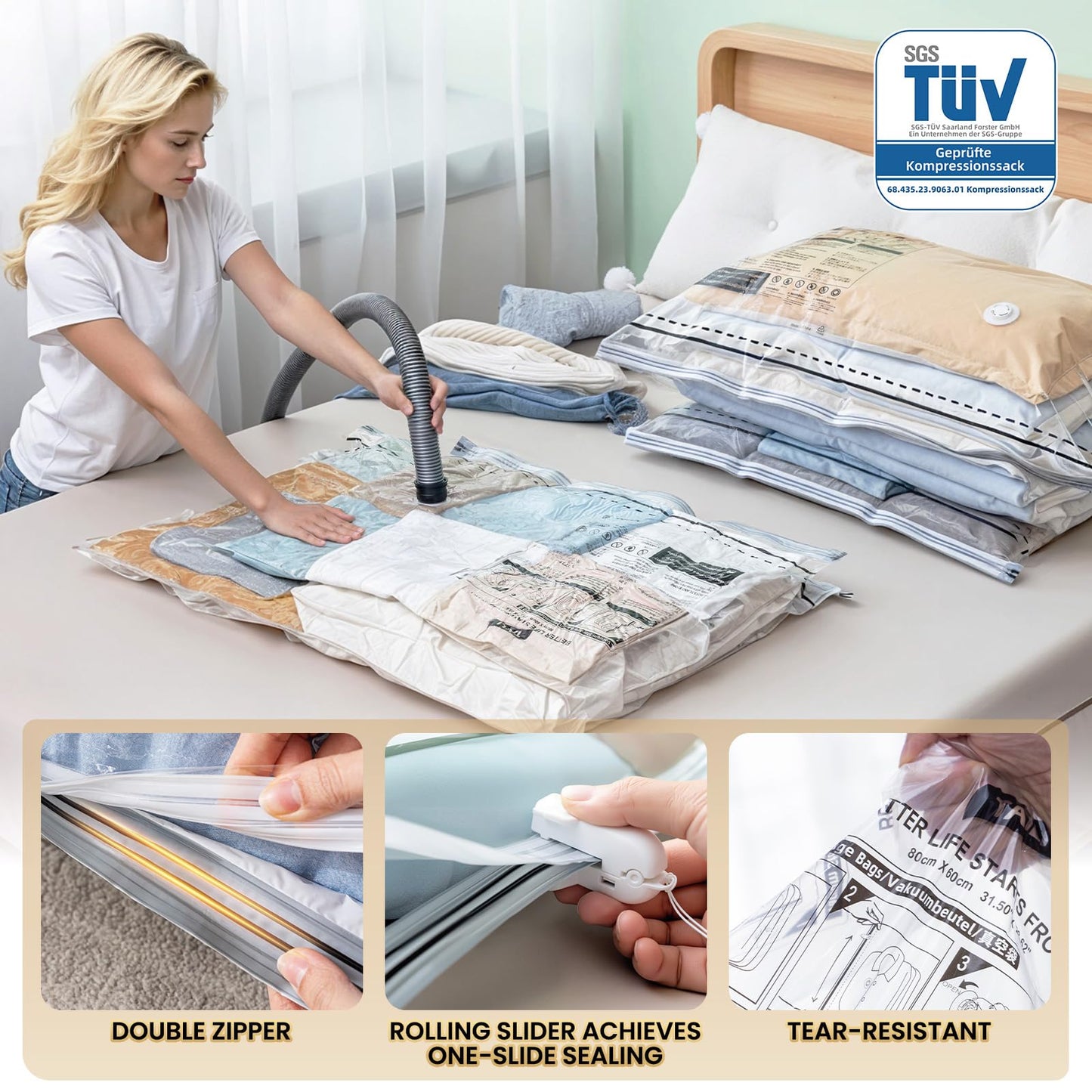 Vacuum Storage Bags 4 Pack (2 Large + 2 XL) Reusable Space Saver Long Zip