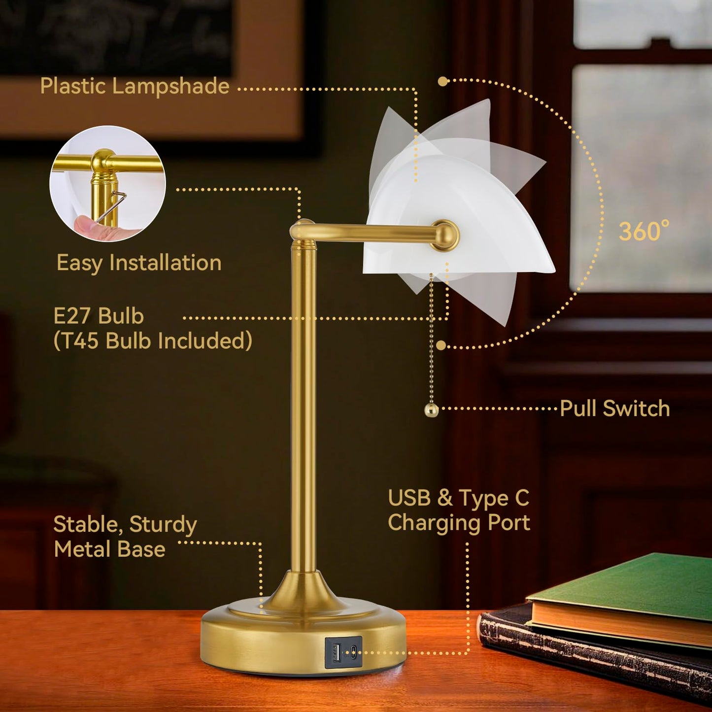 Vintage Bankers Desk Lamp USB Type C Charging Pull Chain Light