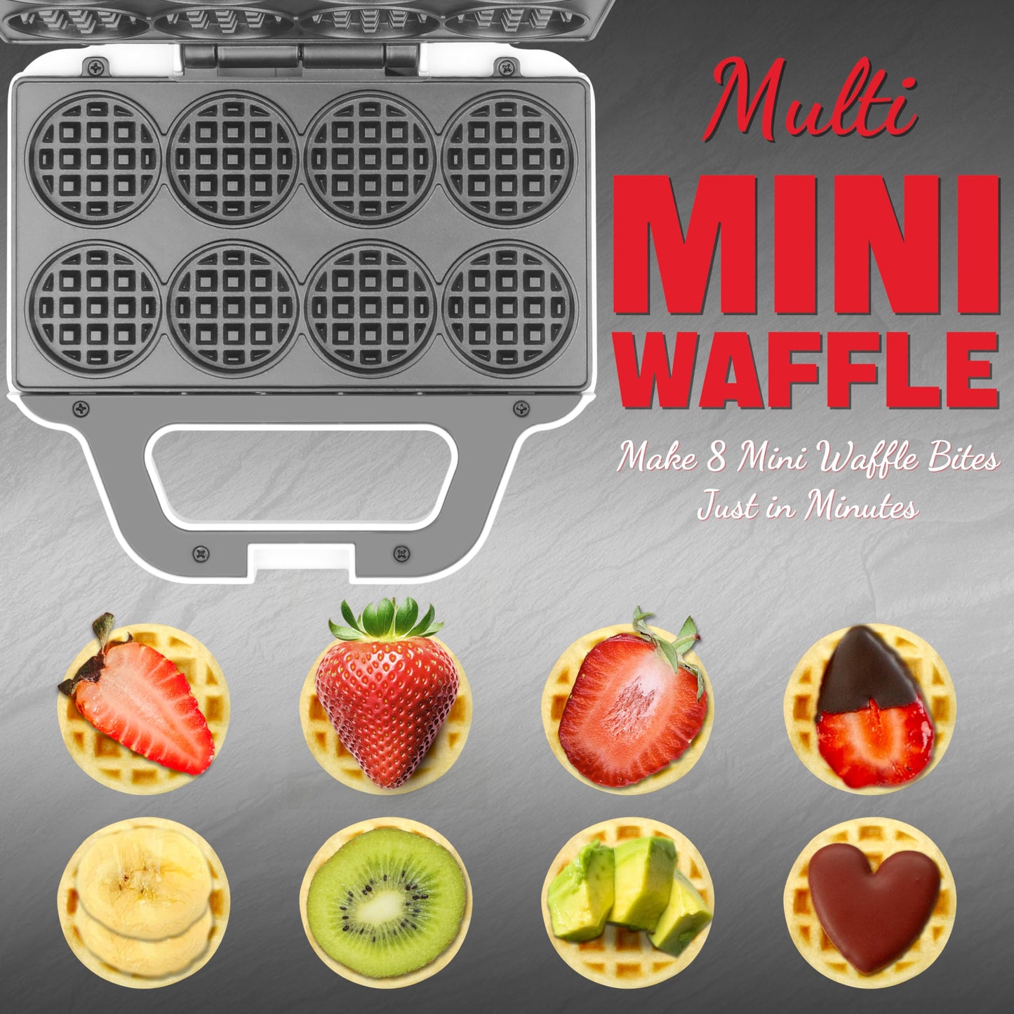 Mini Waffle Maker Machine – Bake 8 x 2'' Bite-Sized Waffles, Compact Non-Stick Iron with Recipes, Easy to Use & Clean, White
