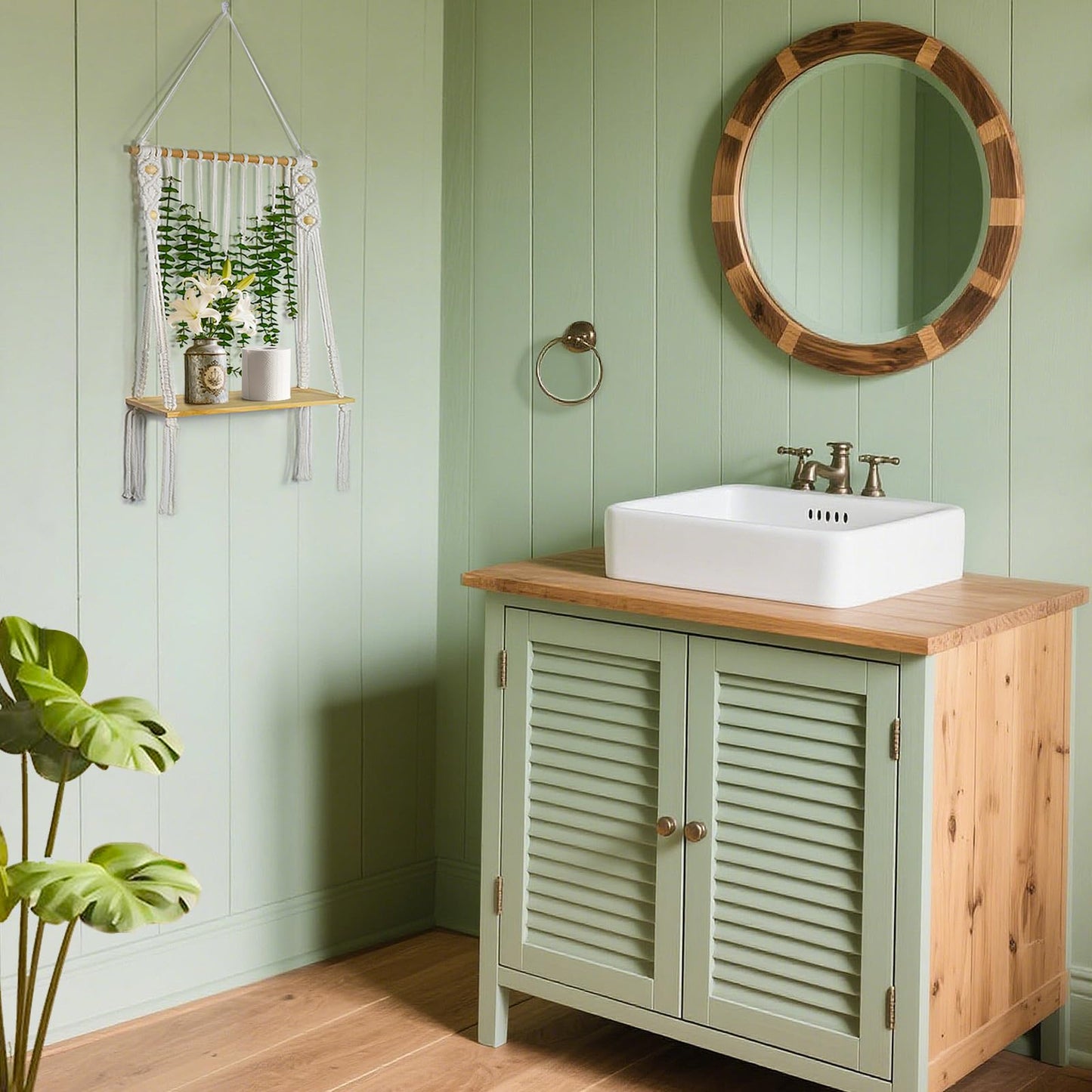 Sopicoz Boho Macrame Hanging Wall Shelf Wooden Display with Eucalyptus