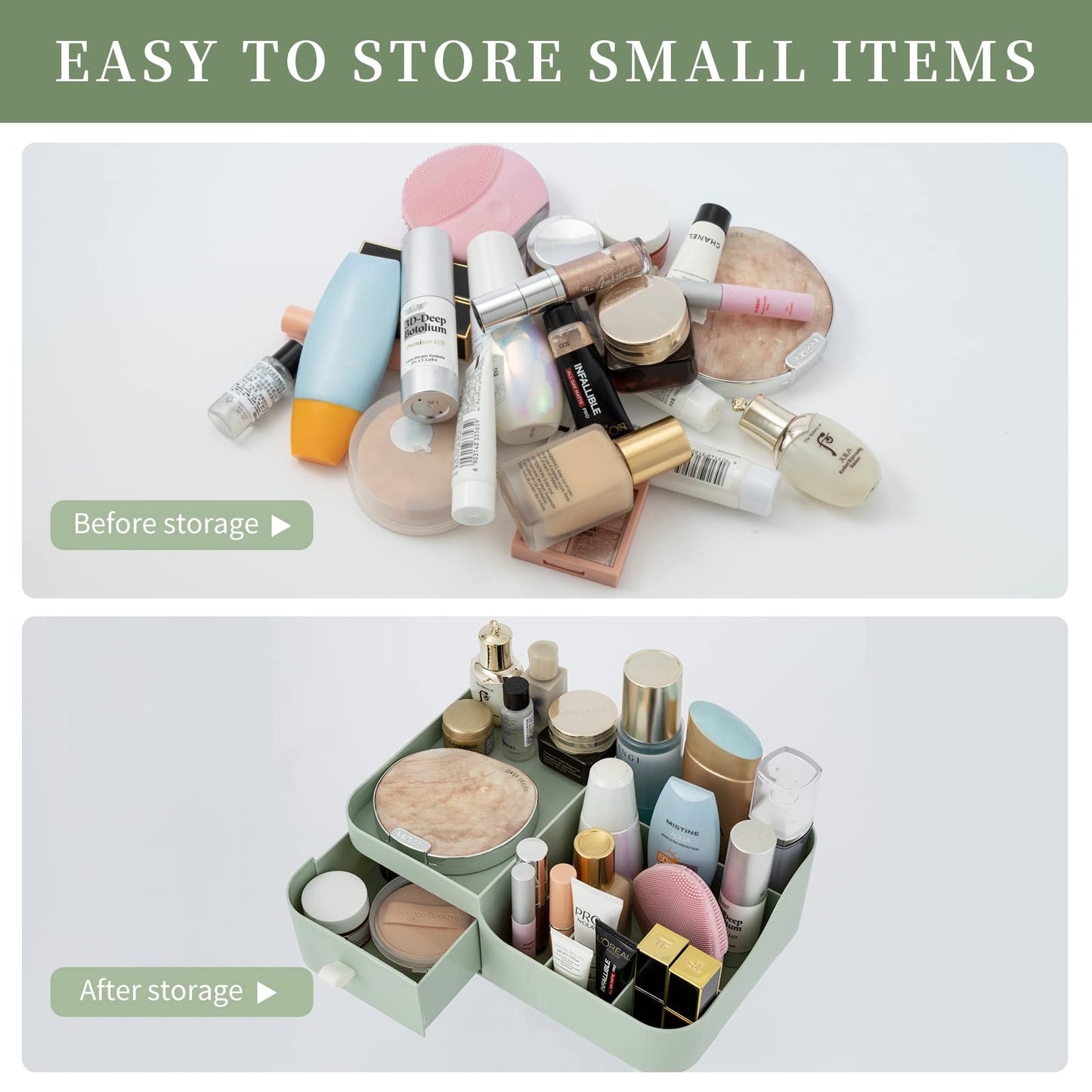 Abiudeng Makeup Organiser with Drawers – Multi-Compartment Storage (Sage Green)