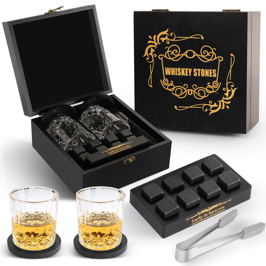 EASTSTORM Whisky Gift Set – 2 Glasses + 8 Chilling Stones & Wooden Box
