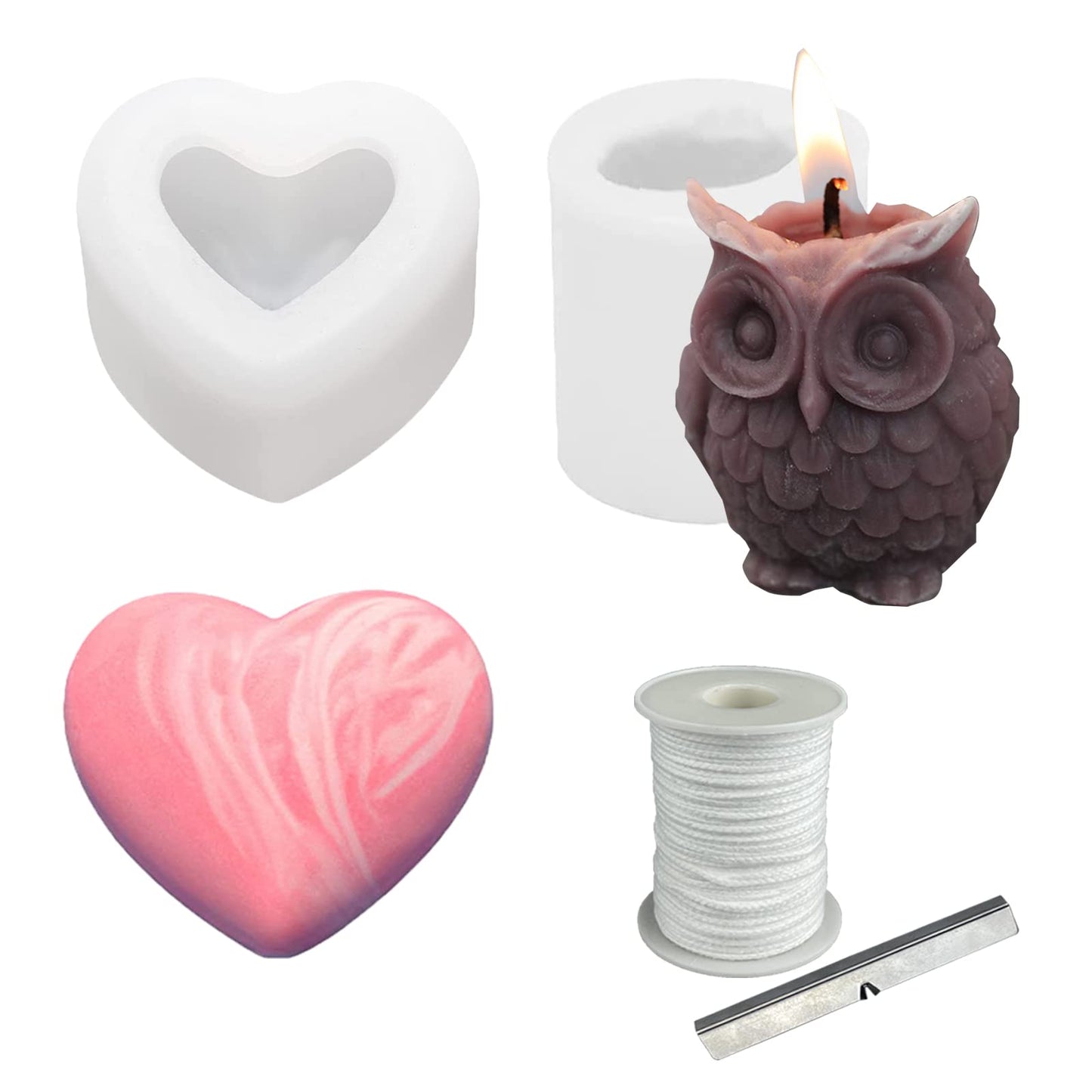 2PCS 3D Silicone Candle Moulds Set - Owl & Heart Shapes for DIY Crafts