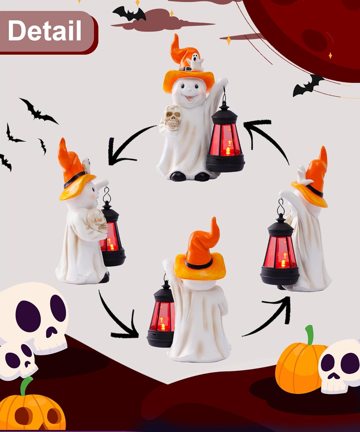 Solar Halloween Ghost Statue with Lantern and Cracked Skull Outdoor Resin LED