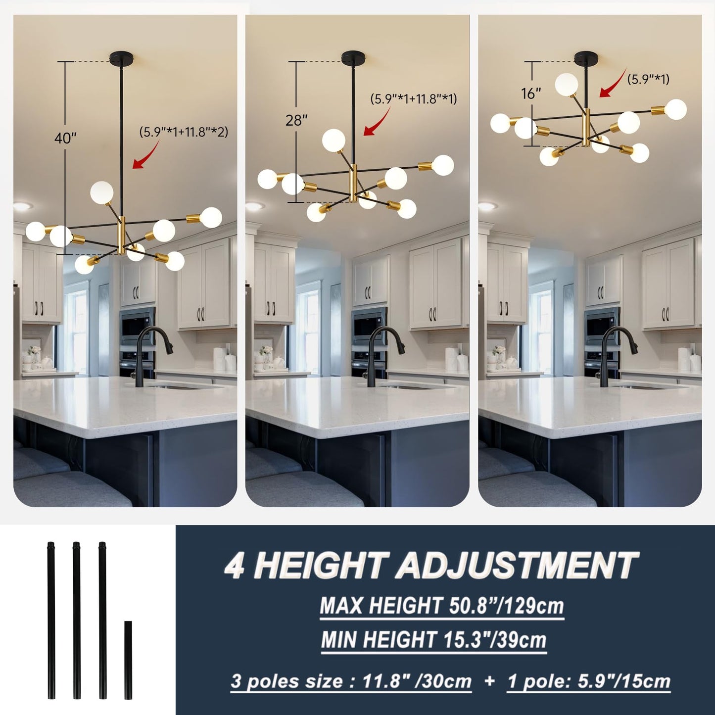 Sputnik Chandelier Ceiling Light 8-Light Modern Black & Gold - 107cm