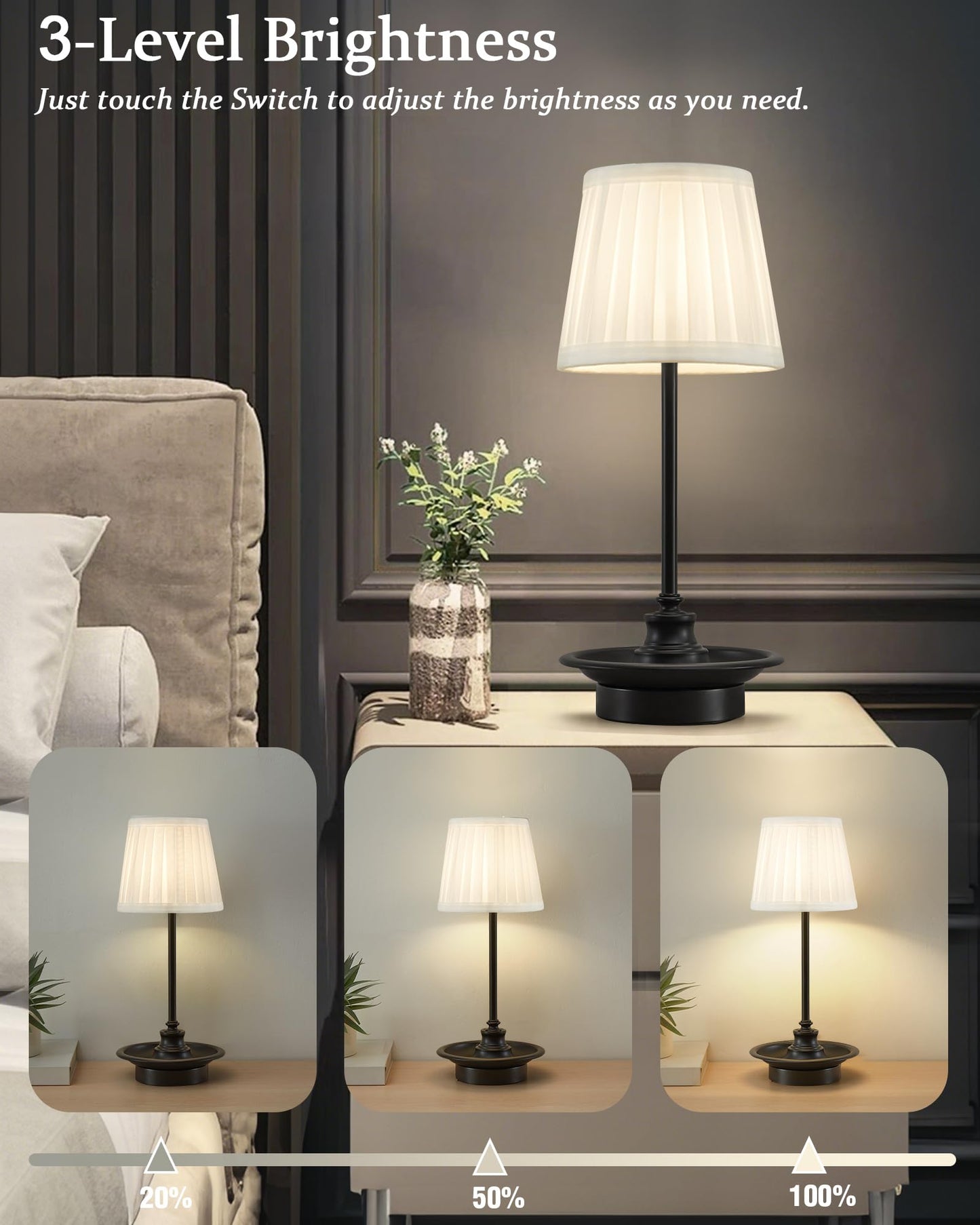 GyroVu Rechargeable Cordless Table Lamp, Touch Dimmable LED, 4000mAh Battery