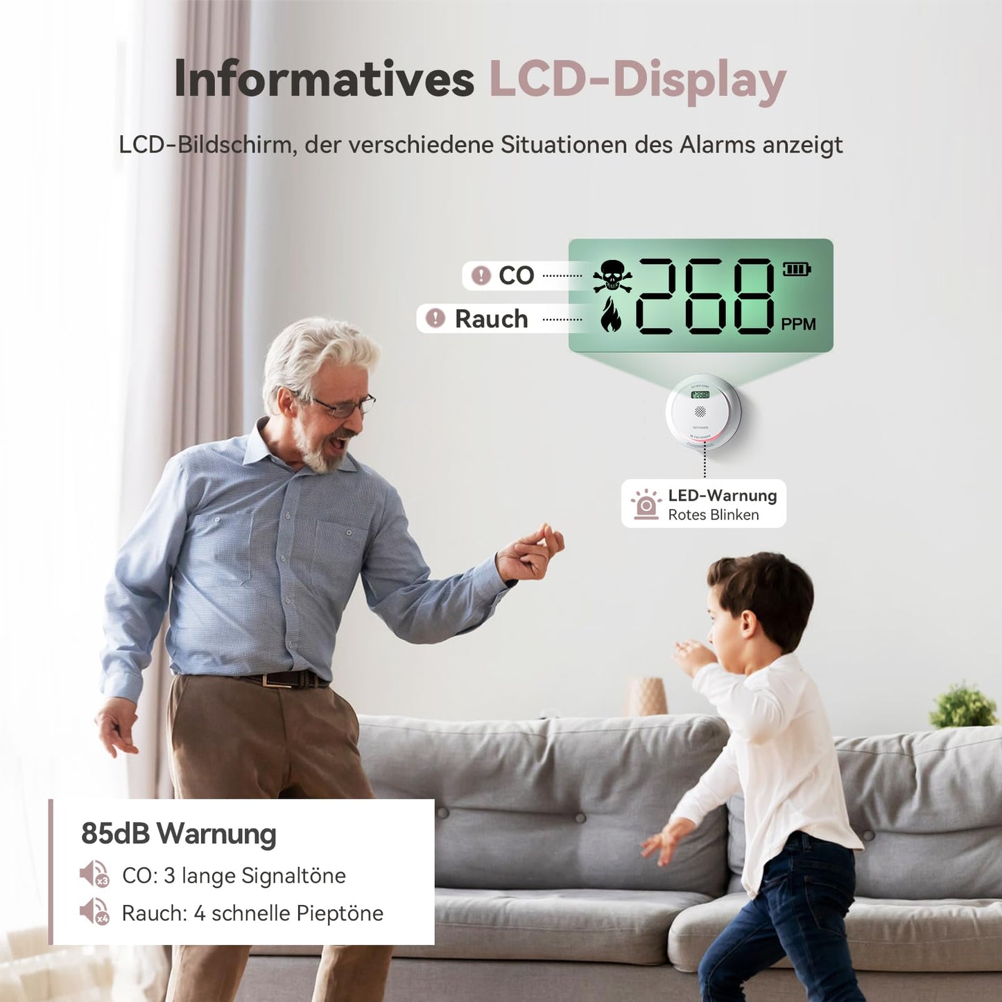 Smoke and Carbon Monoxide Detector 2-in-1 with LCD Display 10 Year Lifetime Replaceable Battery GS888 - White 1 pc