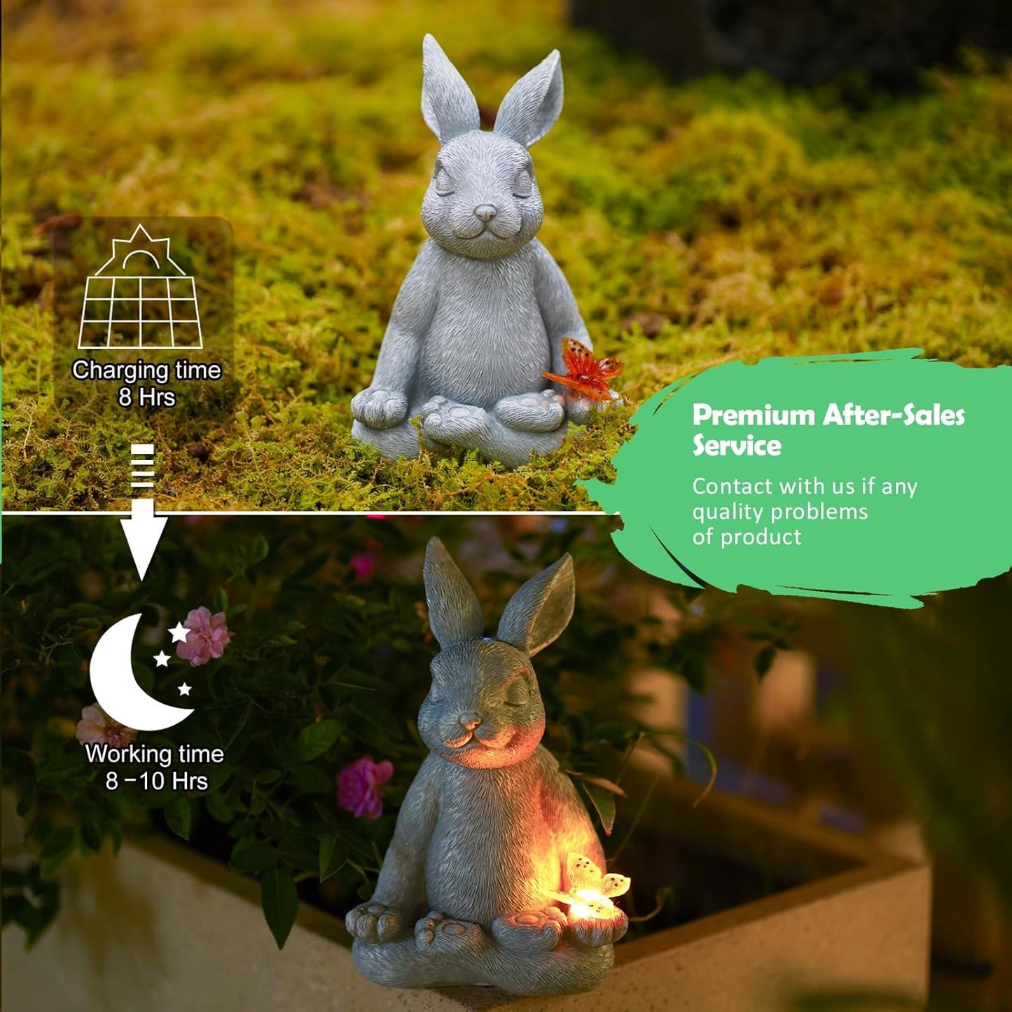Solar Meditating Yoga Rabbit Garden Statue with Butterfly Light Resin 20cm