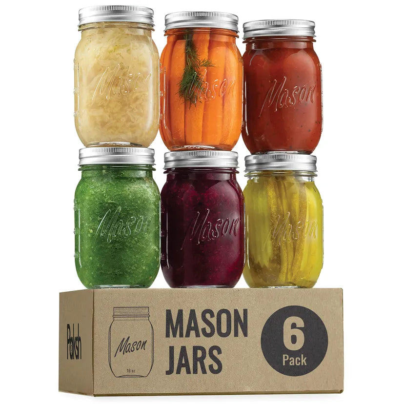 Premium Glass Mason Jars 474ml with Airtight Silver Lids - 6 Pack