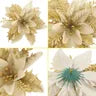 Gold Glitter Poinsettia Xmas Flowers – 20pcs w/ Clips