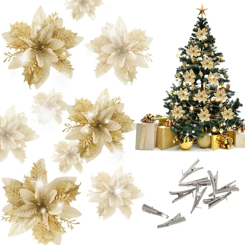 Gold Glitter Poinsettia Xmas Flowers – 20pcs w/ Clips
