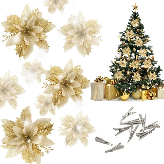 Gold Glitter Poinsettia Xmas Flowers – 20pcs w/ Clips