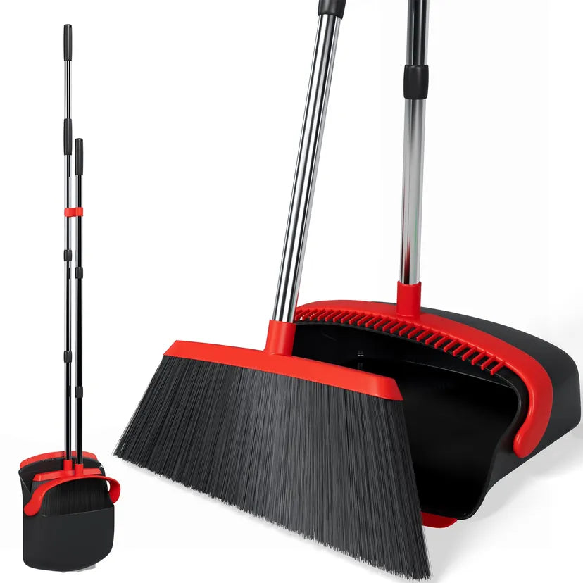 Adjustable Long Handled Dustpan and Brush Set - Red and Black Large 55"