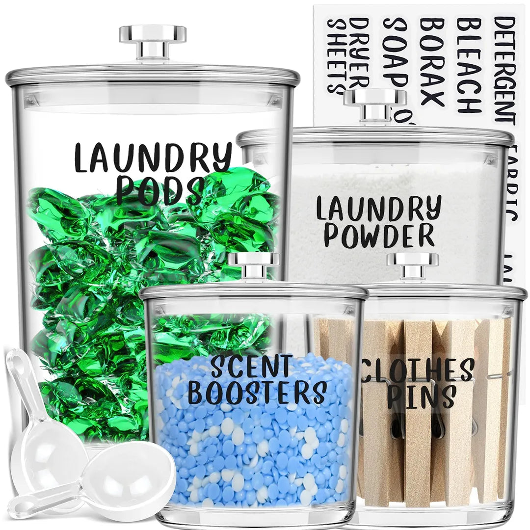 Laundry Pods Storage Containers Set Acrylic Jars Labels Scoops 4 Pack