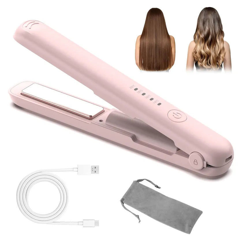 Cordless Hair Straightener 2-in-1 Mini Travel Flat Iron & Curler Quick Heat Up 4 Temperature Settings Rechargeable - Pink