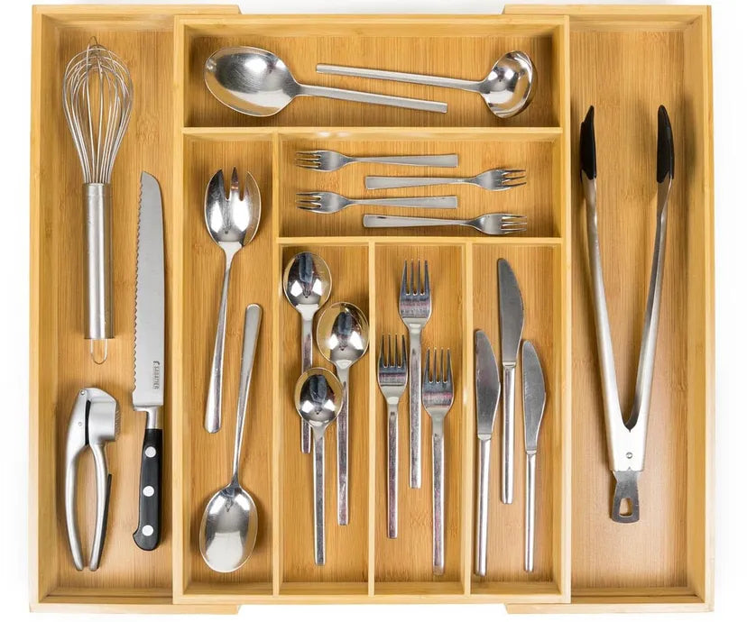 Bamboo Cutlery Tray Extendable Drawer Organiser for Kitchen Utensils