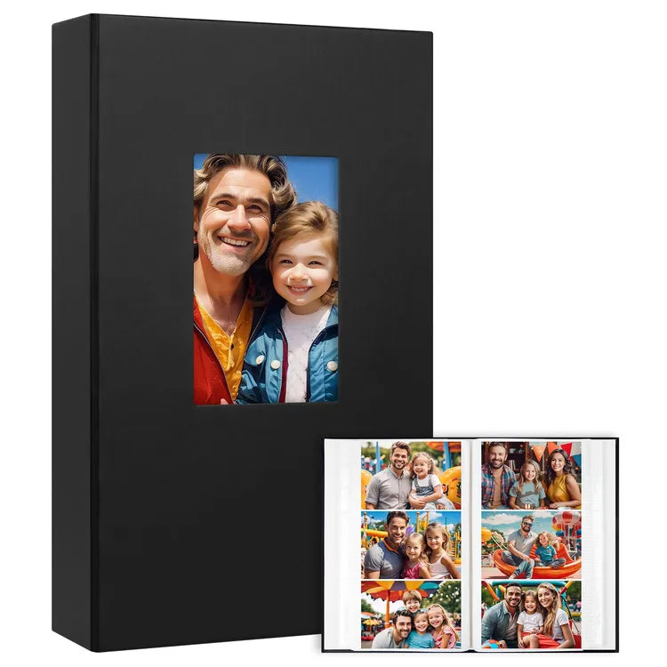 360 Pocket Leather Photo Album 6x4 Inch Acid-Free Pages Front Window Black