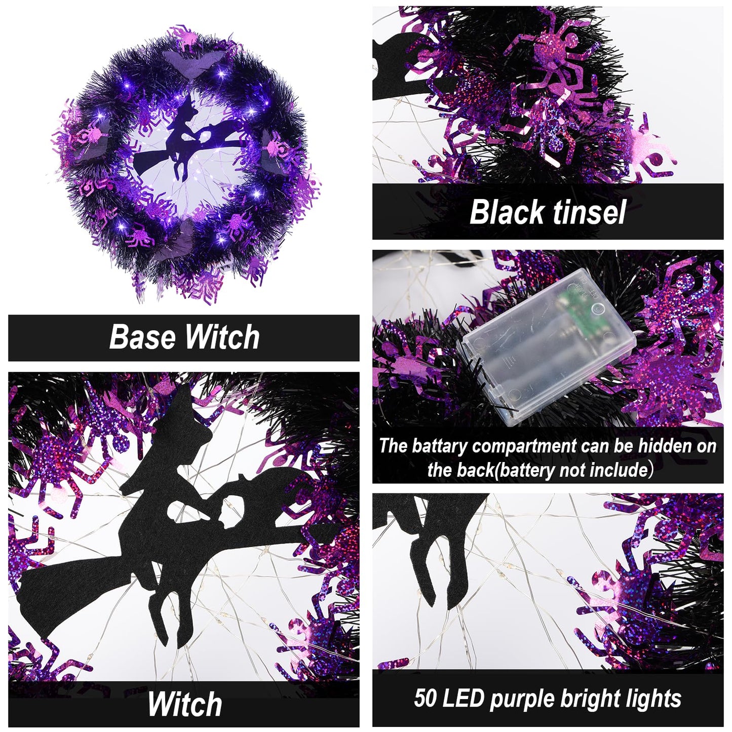 Halloween Witch Wreath with Lights – 16 inch / 40 cm