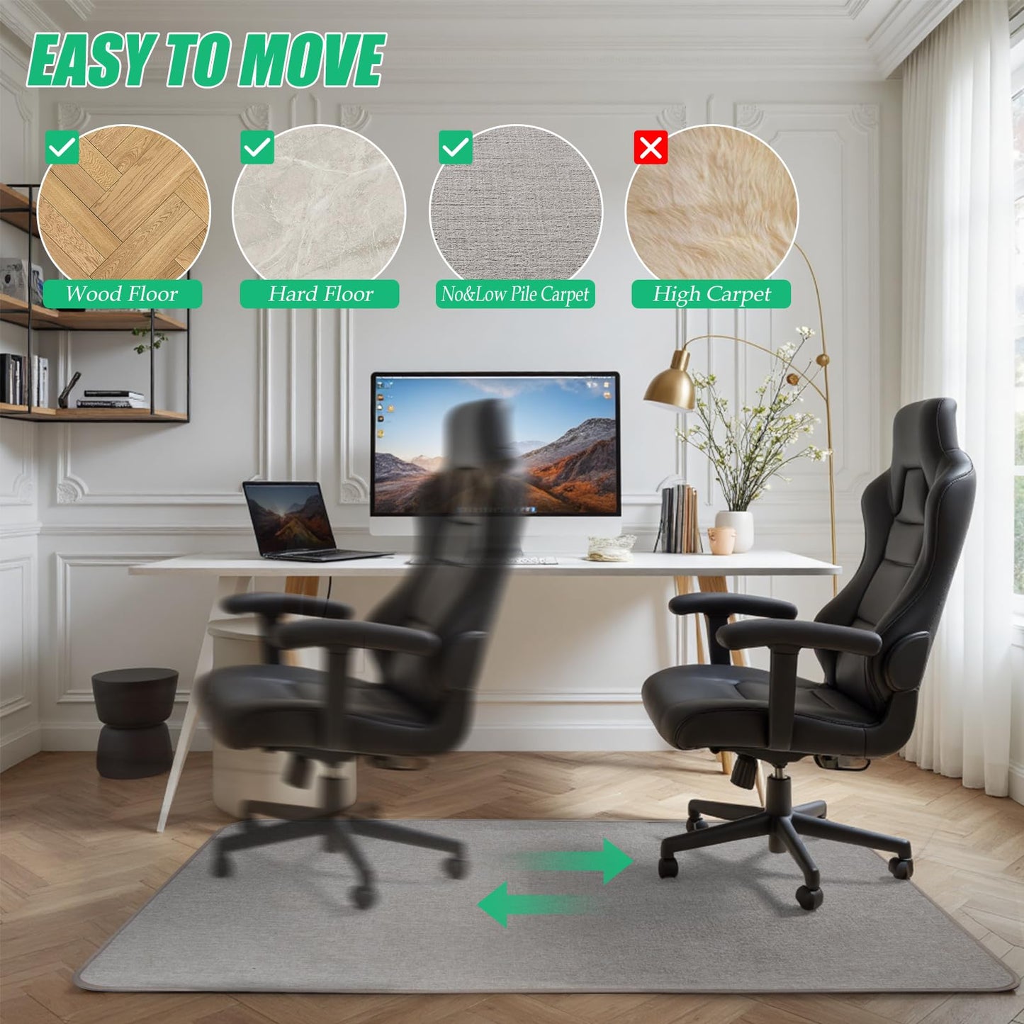 Kuyal Heavy Duty Office Chair Mat for Hardwood, Tri-Fold 36" x 48" (Light Grey)