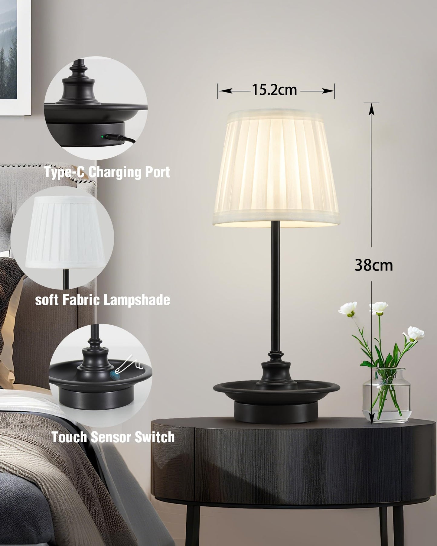GyroVu Rechargeable Cordless Table Lamp, Touch Dimmable LED, 4000mAh Battery