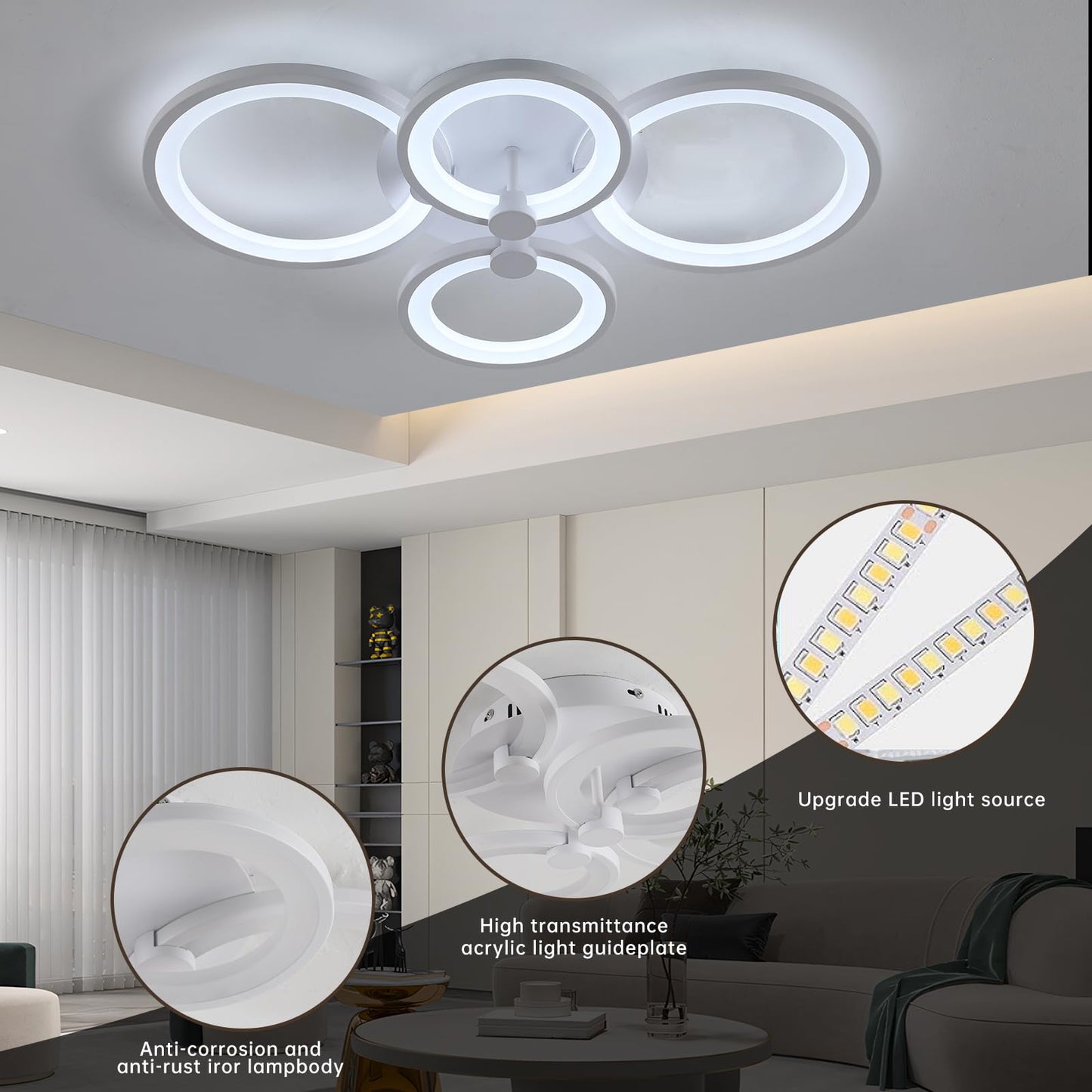 42W LED Dimmable Ceiling Light 4 Rings Modern Flush Mount - White