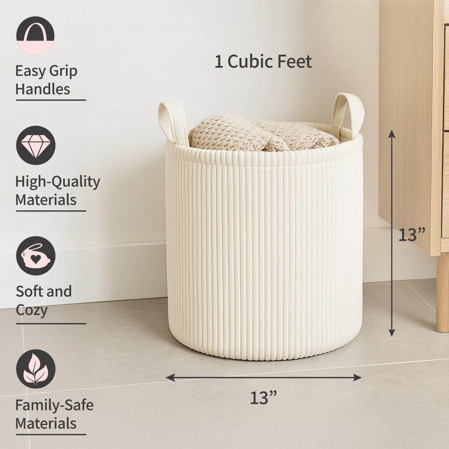 PUTSKA Corduroy Laundry Basket XL Storage Hamper Cream 56x41cm