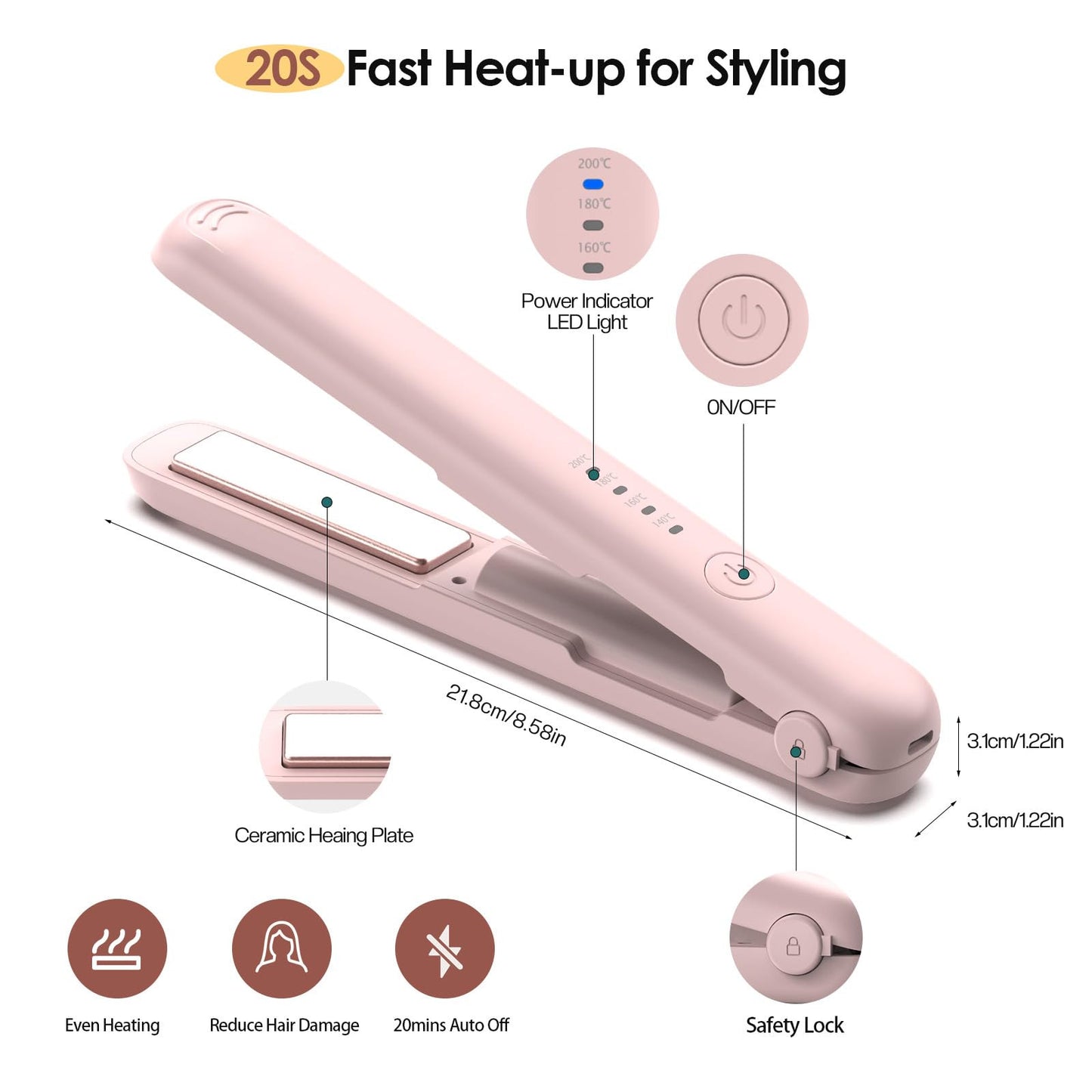 Cordless Hair Straightener 2-in-1 Mini Travel Flat Iron & Curler Quick Heat Up 4 Temperature Settings Rechargeable - Pink