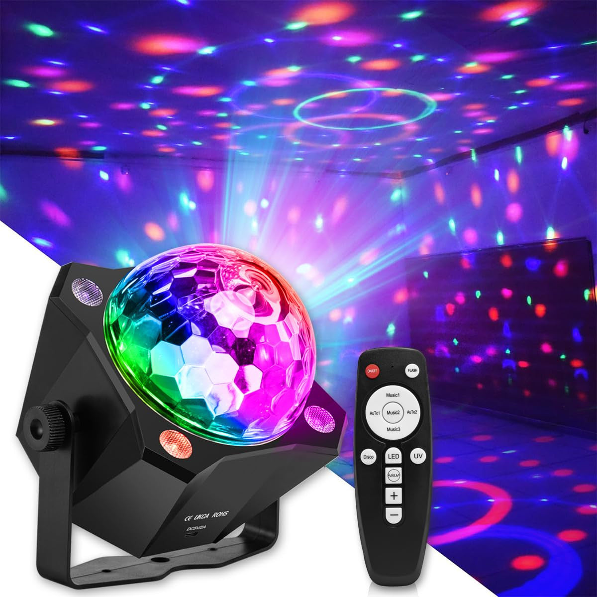 Disco Ball Party Light Sound Activated 6 Colour LED DJ Lamp w/ Remote