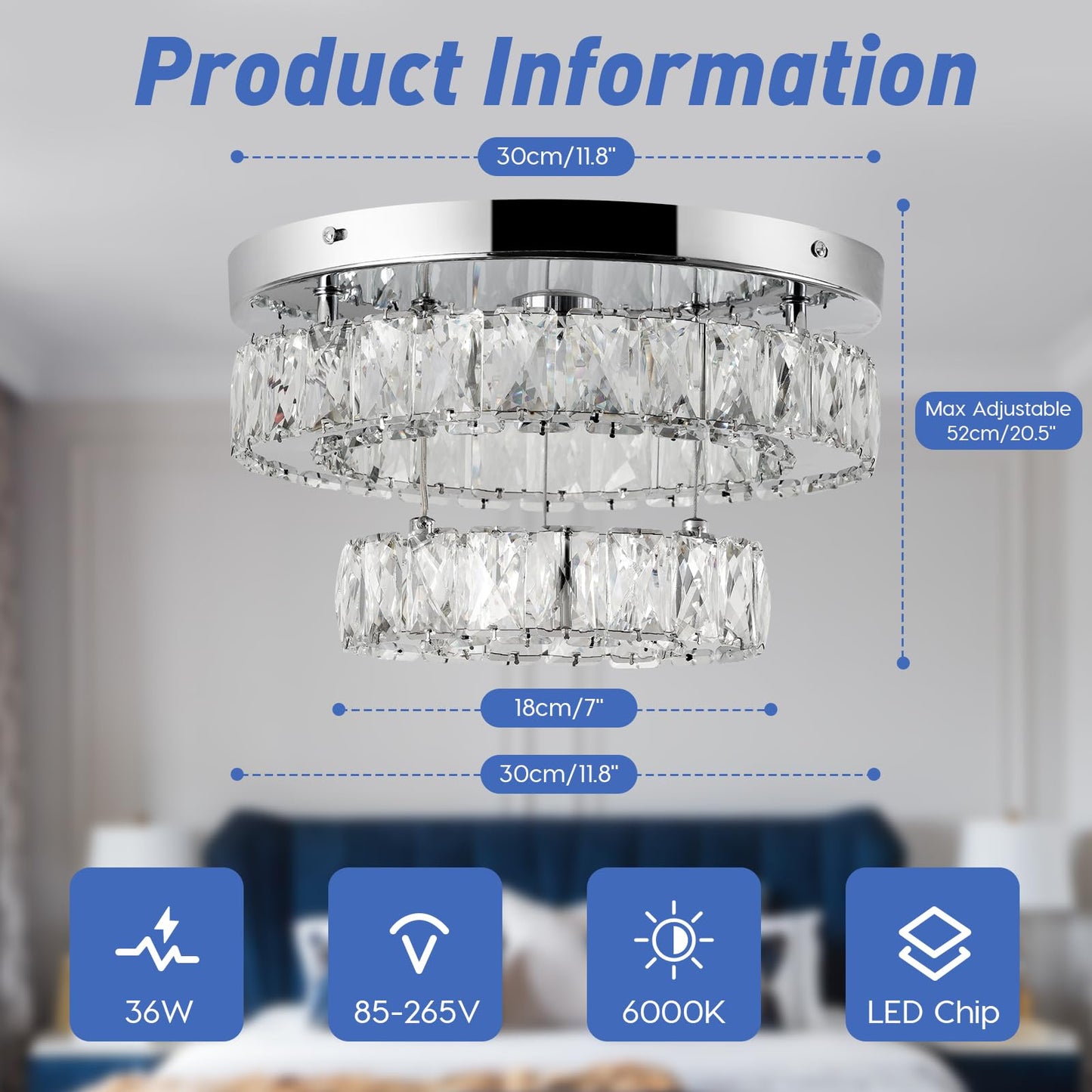 LED Crystal Ceiling Light Modern Chandelier 30W Bedroom Living Room