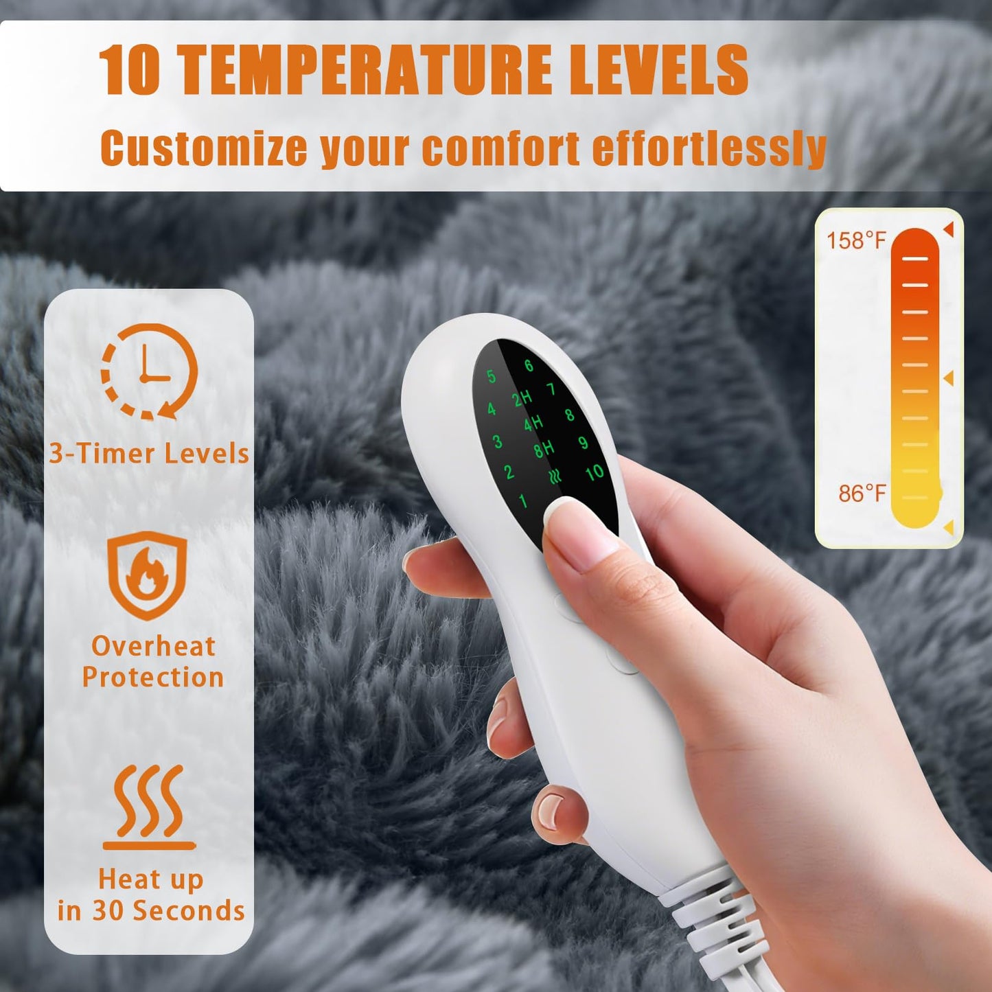 Heated Throw Electric Blanket Faux Fur Fast Heat Auto Shut-Off