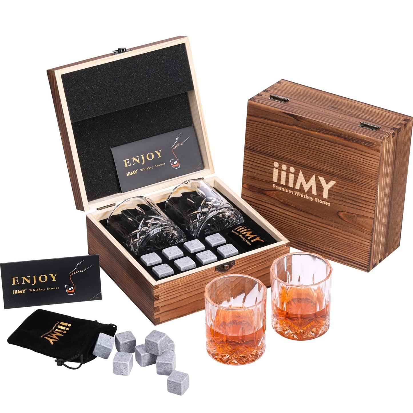 Whisky Stones And Glasses Gift Set Wooden Box Chilling Rocks