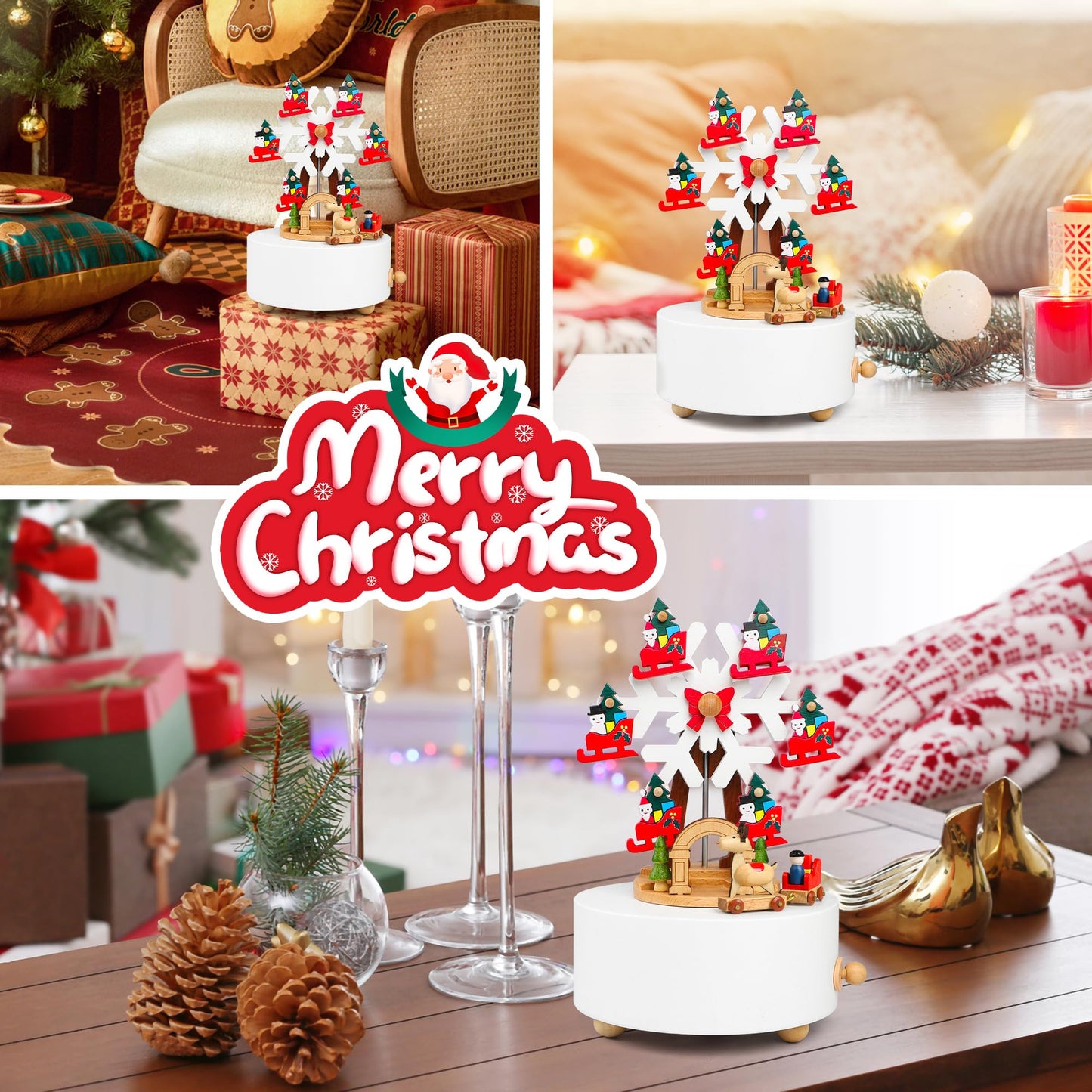 LONEEDY Wooden Rotating Christmas Music Box Ornament Snowflake & Elk