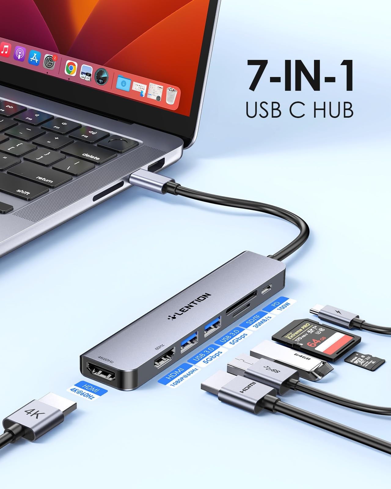 USB C Docking Station Dual Monitor 4K HDMI 7in1 Hub PD 100W Laptop Dock