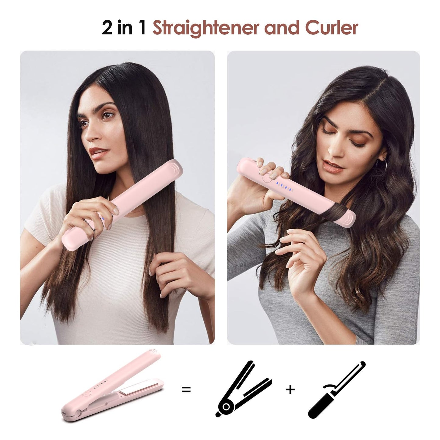 Cordless Hair Straightener 2-in-1 Mini Travel Flat Iron & Curler Quick Heat Up 4 Temperature Settings Rechargeable - Pink