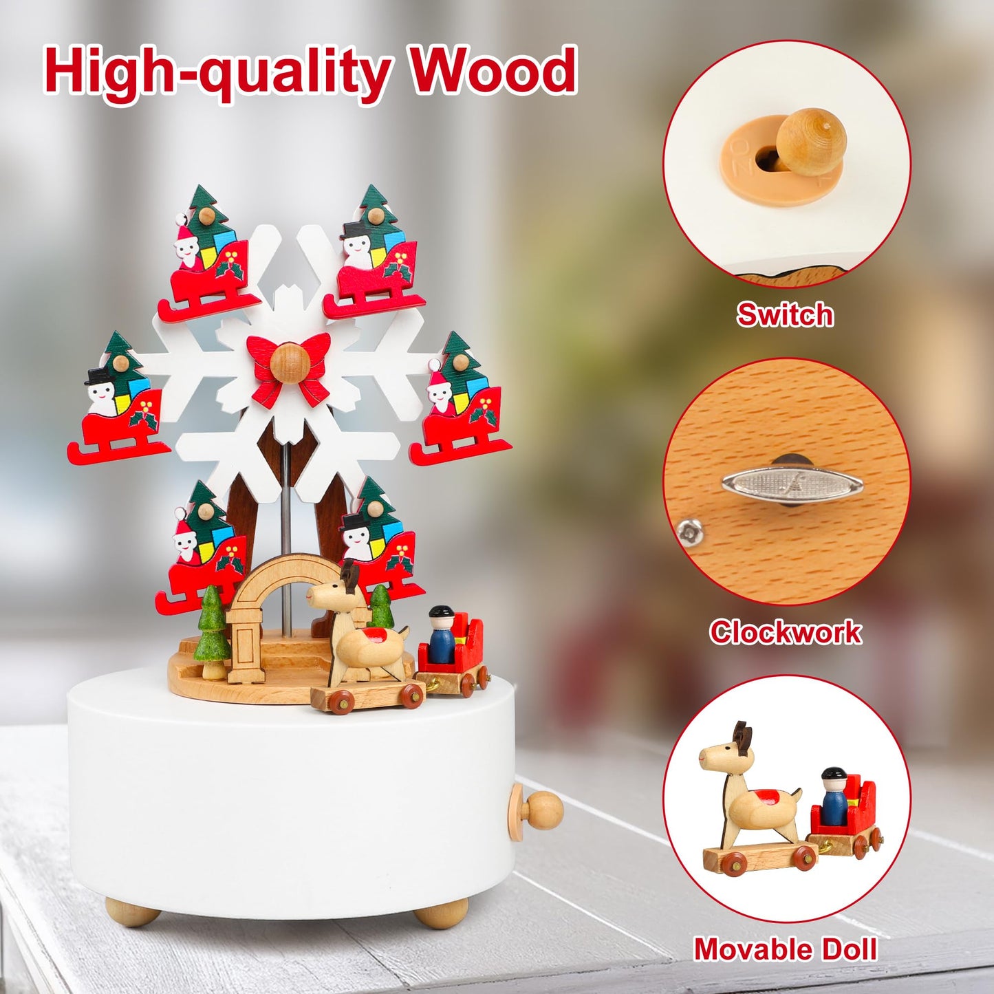 LONEEDY Wooden Rotating Christmas Music Box Ornament Snowflake & Elk