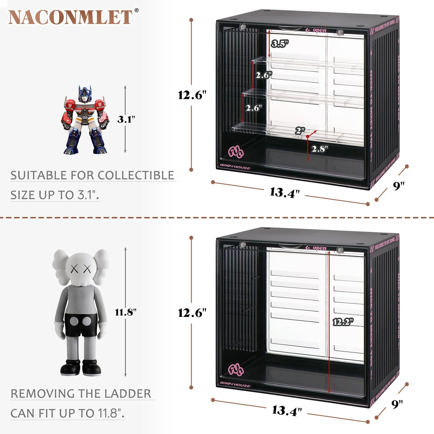 Acrylic Display Case with LED Light 4-Tier Dustproof Showcase 13.4x9x12.4