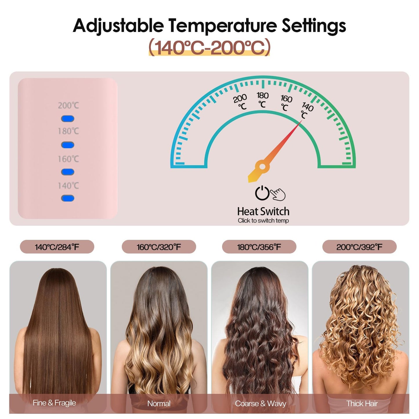 Cordless Hair Straightener 2-in-1 Mini Travel Flat Iron & Curler Quick Heat Up 4 Temperature Settings Rechargeable - Pink