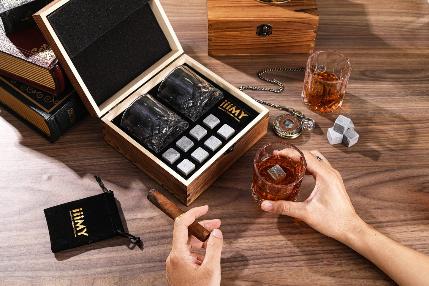 Whisky Stones And Glasses Gift Set Wooden Box Chilling Rocks