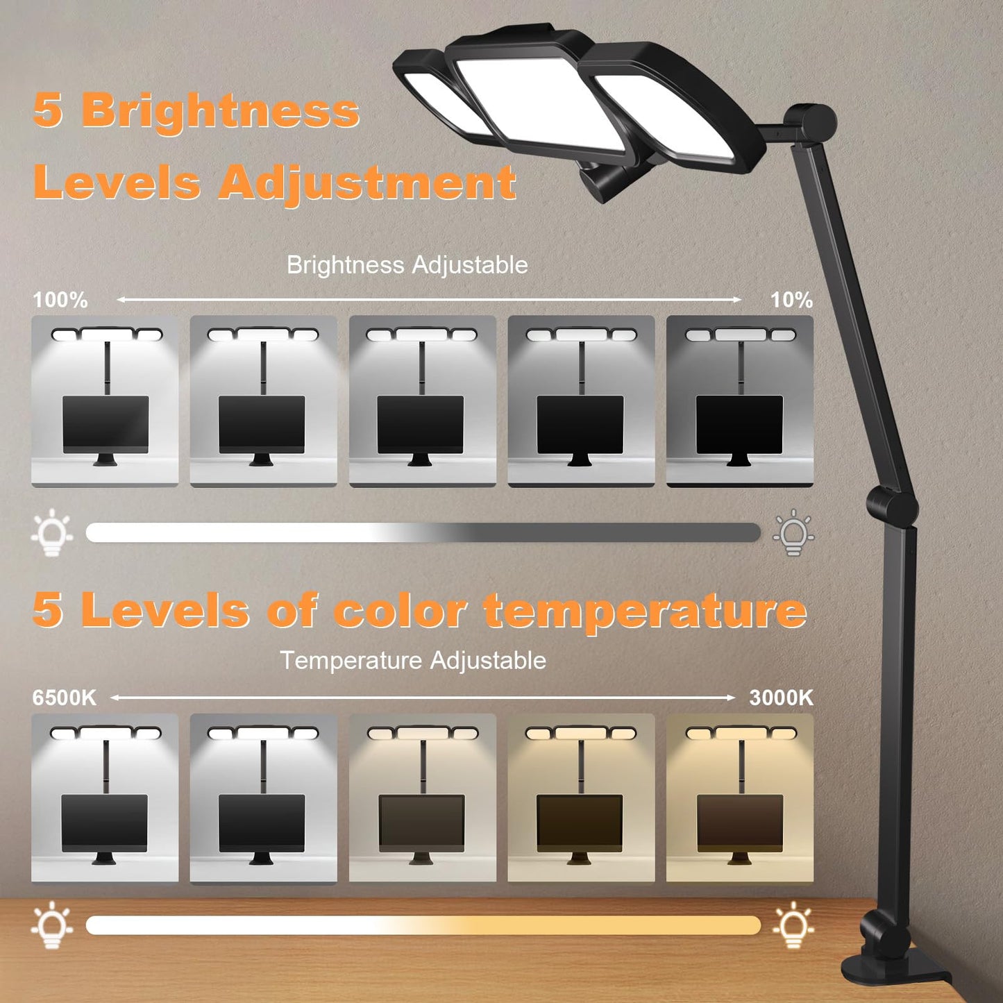 LED Desk Lamp With Clamp Adjustable Swing Arm Dimmable Eye Care Light