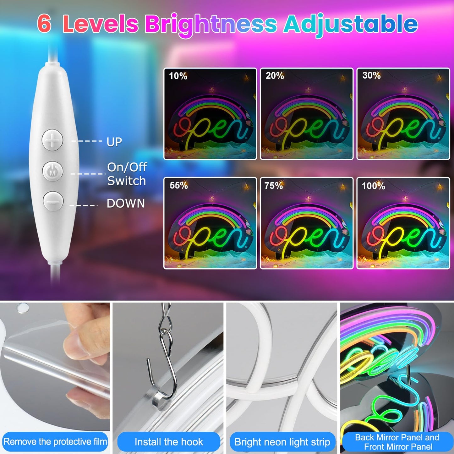 LED Open Neon Sign Dimmable USB Business Light - Rainbow 17x12in