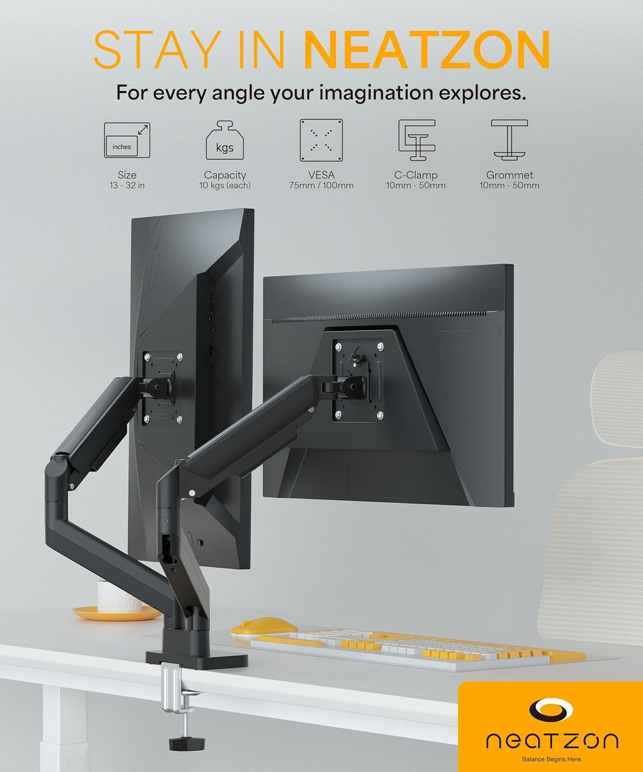 Dual 32-Inch Monitor Arm Desk Mount Height Adjustable VESA Gas Spring - Black