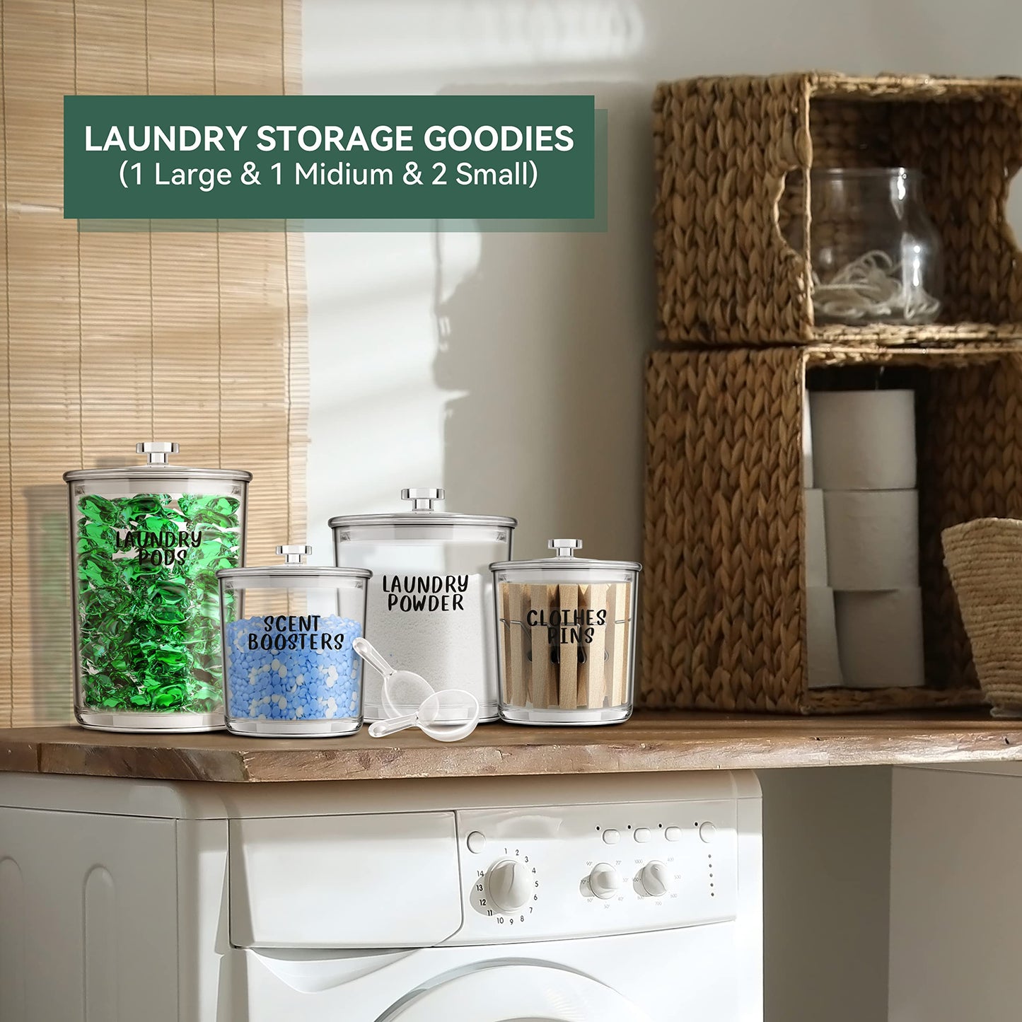Laundry Pods Storage Containers Set Acrylic Jars Labels Scoops 4 Pack