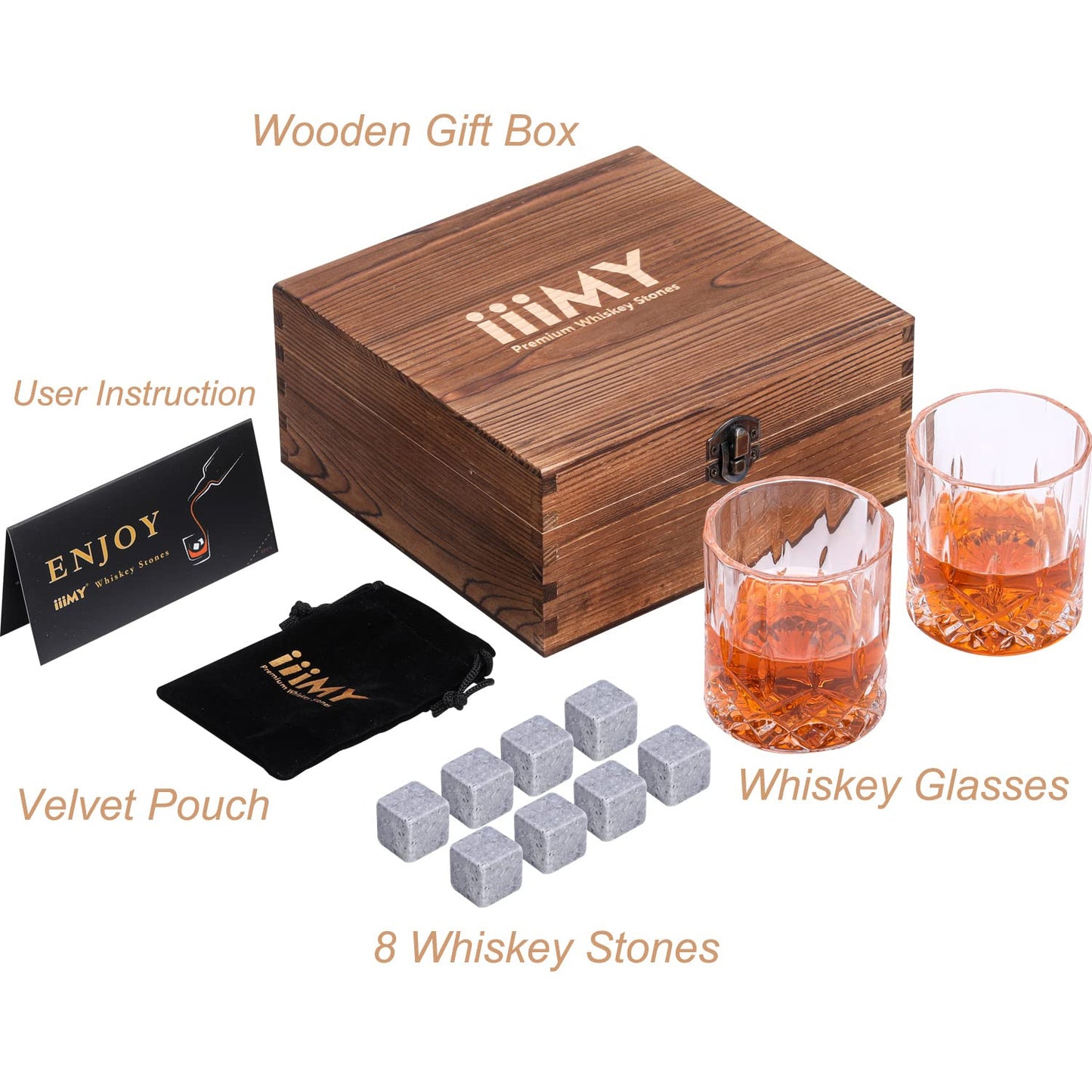 Whisky Stones And Glasses Gift Set Wooden Box Chilling Rocks
