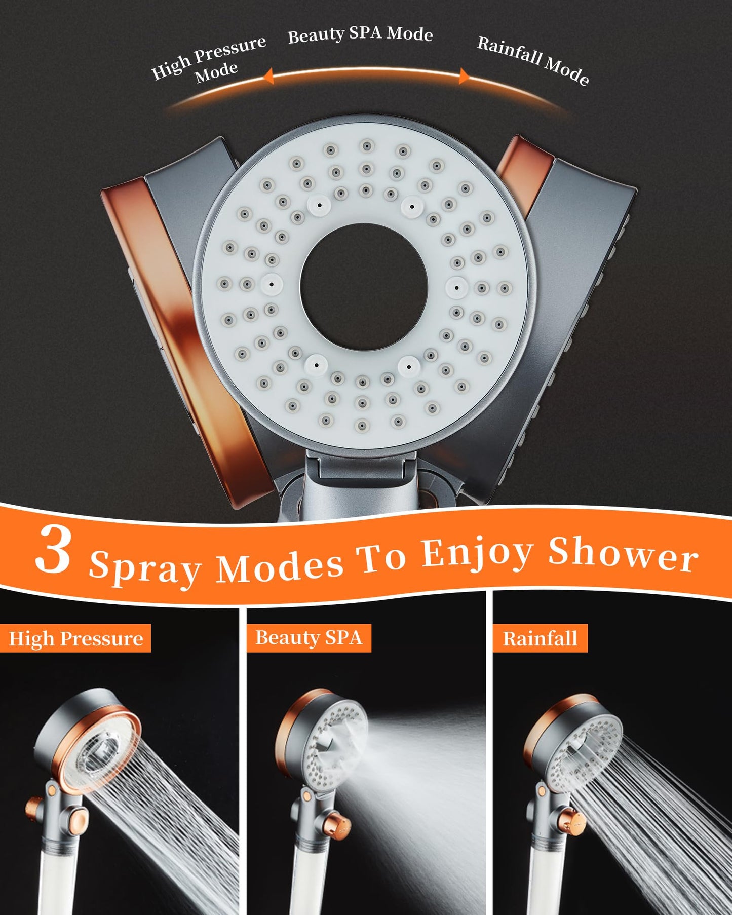 High Pressure Shower Head Filter 3 Spray Modes Water Saving Gold