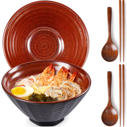 NUTRIUPS 2pc 1500ml Ceramic Ramen Bowl Set with Chopsticks & Spoons